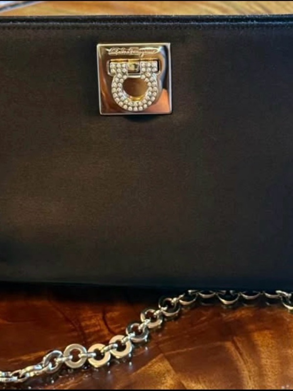 Salvatore Ferragamo Black Leather Crossbody with Crystal-Embellished Gancini